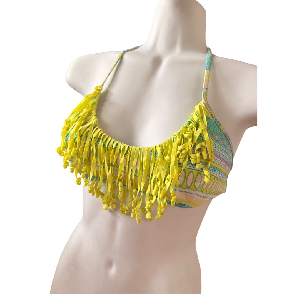 Y2K 2000s style Victorias Secret Lime‎ Green Fringe Bikini Top Graphic Print